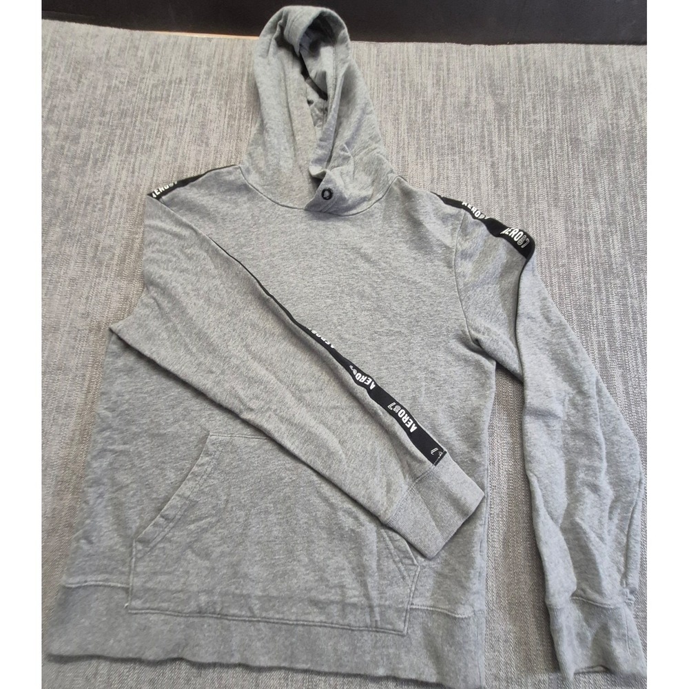 Aeropostale men's gray hoodie M black details down arm front pocket workout